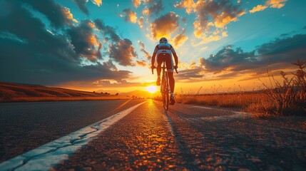 A cyclist is riding on an open road towards the sunset. - obrazy, fototapety, plakaty