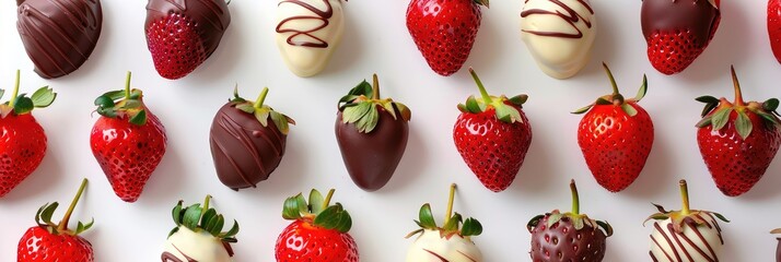 Assorted strawberries dipped in various chocolates on white background. banner