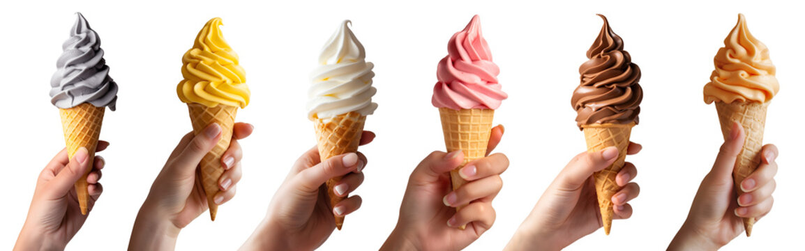 Collection of hand holding Soft serve Yoghurt Ice cream swirl on waffle cone on transparent background cutout, PNG file. Many assorted different flavour Mockup template for artwork design.	
