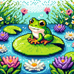 Pixel art illustration of cute frog in a waterlily pond