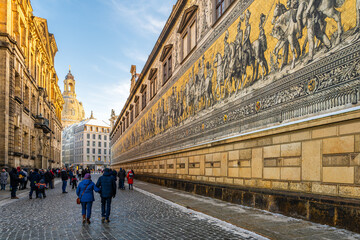 The Furstenzug (English: Procession of Princes) early in the morning in Dresden, Germany, is a...