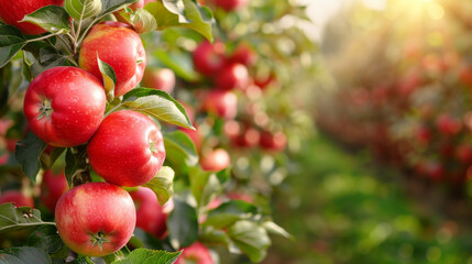 Bright red ripe apples on a tree branch in a summer garden