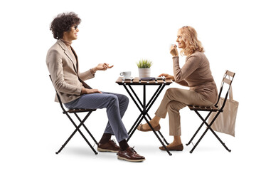 Man and woman having coffee and talking