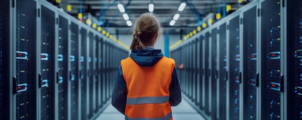 Worker in reflective vest at data center