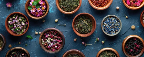 Assorted kinds of dry loose tea leaves displayed in wooden bowls with herbs and spices on a dark rustic background