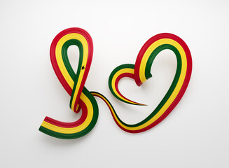 3d Flag Of Ghana Heart Shape Shiny Wavy Awareness Ribbon Flag On White Background 3d Illustration