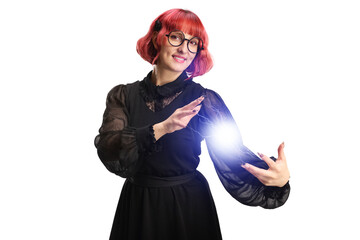 Female magician holding light in her hands