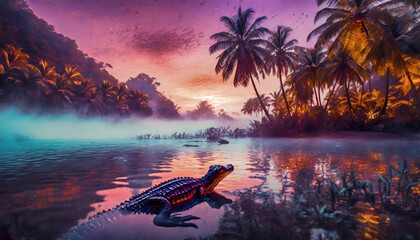 krokodil, palmen, paradis, neu, lila, lanschaft, abendrot, himmel, landschaft, surreal, schön,...