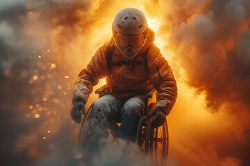 Tense moment of firefighter in a wheelchair in flames