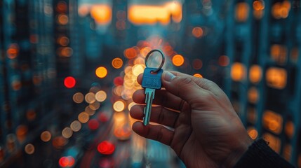 A hand holding a key with a blurred city background - obrazy, fototapety, plakaty