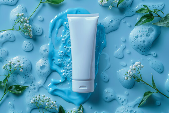 White mock up cream or lotion bottle on blue foamy fresh background with spring flowers. Space for text