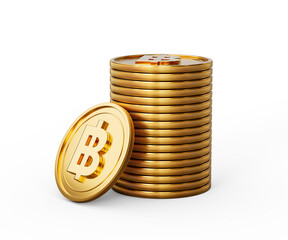 3d Stack Of Golden Thailand Baht Coins Shiny Rounded Coins Stack On White Background 3d Illustration