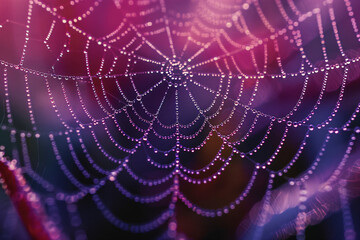 Dew on spider web against a gradient background. Macro shot with copy space. Nature and wildlife concept