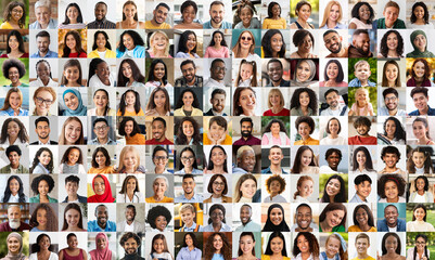 Unified diverse happy people portrait collage blurred