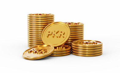 3d Stack Of Golden Pakistani Rupee PKR Coins Rounded Coins Stack On White Background 3d Illustration