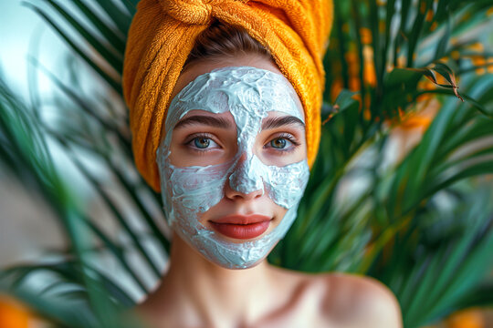 Beautiful woman with blue white cream mask applied to the face skin, home and professional skin care concept. Copy space