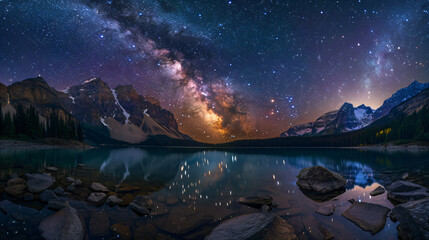 Milky Way over mountain lake at night. Long exposure astrophotography. Starry sky and cosmic wonders concept