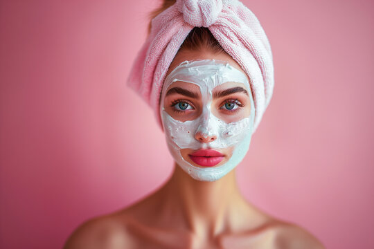 Beautiful woman with white cream mask applied to the face skin, home and professional skin care concept. Copy space