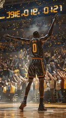 A silhouette of a basketball player raising arms in victory, crowd roaring in the background