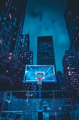 An urban basketball hoop with a vibrant neon cityscape in the background under a twilight sky