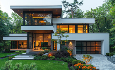 Modern house with white walls, glass windows and black frames, green lawn in front of the entrance, multilevel structure with two floors. Created with Ai