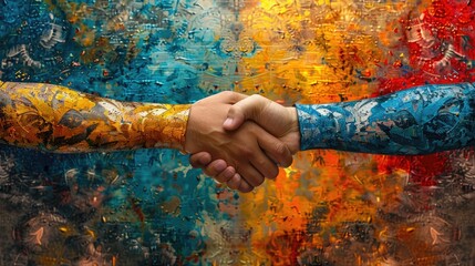 A photo of two people of different skin tones shaking hands with colorful paint splattered on their arms.