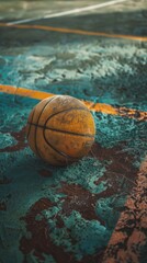 A vintage basketball rests on a cracked and worn outdoor court with strong shadows highlighting its texture
