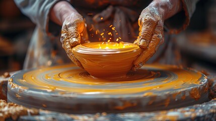 A potter's hands shape a bowl on a spinning wheel. - obrazy, fototapety, plakaty