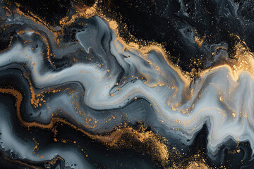 A pattern of swirling marble with veins in black, white and gold colors. The background is a dark grey. Created with Ai