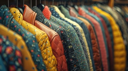 A rack of colorful jackets and coats in a store - obrazy, fototapety, plakaty