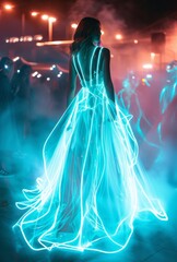 An ethereal woman stands enveloped in a stunning glowing dress against a mysterious nocturnal party backdrop