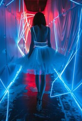 A woman stands amidst a vibrant play of blue neon lights, her white dress contrasting the scene