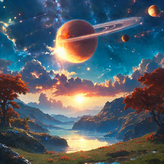 Futuristic fantasy landscape, sci-fi landscape with planets, neon light