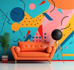 sofa with pillows and black ball on stand 
