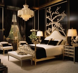 Luxurious interior of a bedroom white bed and black room walls  