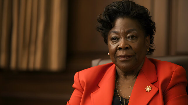 Portrait of a senior, adult, African American woman in a red jacket, she has a serious gesture, she is sitting on a chair. She has a necklace and a brooch. Success concept.