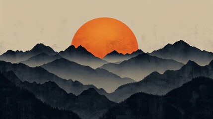 A painting of a ridge of mountains and the sun. Landscape at sunset or sunrise. Natural background in painted style. Illustration for cover, card, postcard, interior design, poster, brochure, etc.
