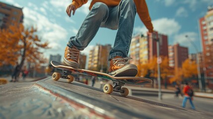 A young boy in jeans and a yellow shirt skateboarding on a ramp in an urban setting.