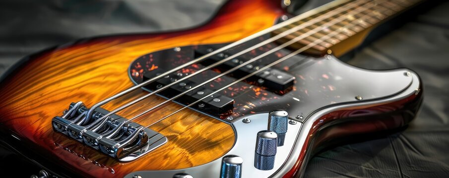 Close-up image of an electric bass guitar with focus on the strings, pickups, and volume knob on a wooden textured background.
