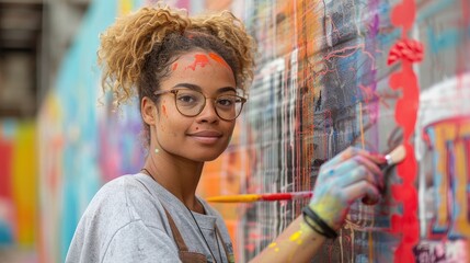 A young woman with curly hair and glasses is painting a mural on a wall.
