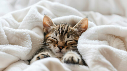 Cute tabby kitten sleep on white soft blanket