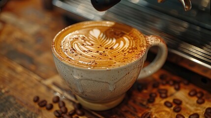 Barista pouring a latte with a beautiful foam design into a ceramic cup.