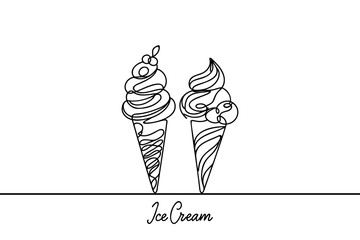 Soft serve ice cream in waffle cone in continuous line art drawing style. Black line sketch on white background.