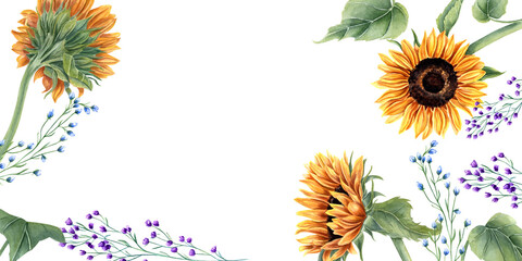 Sunflowers and abstract wild plants. Blue, orange yellow flowers. Floral summer composition with...