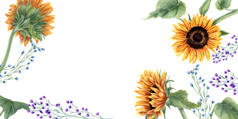 Sunflowers and abstract wild plants. Blue, orange yellow flowers. Floral summer composition with copy space for text. Watercolor illustration for wedding templates, birthday greetings.