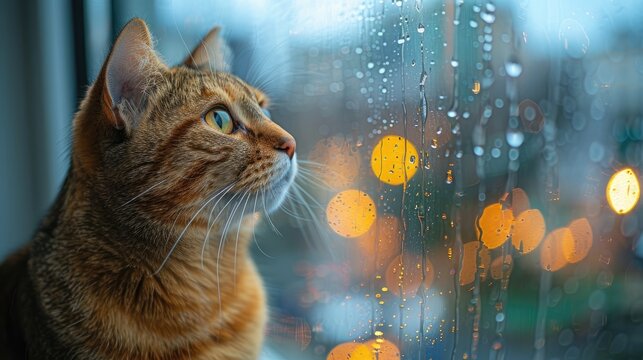 Cat looking out the window on a rainy day
