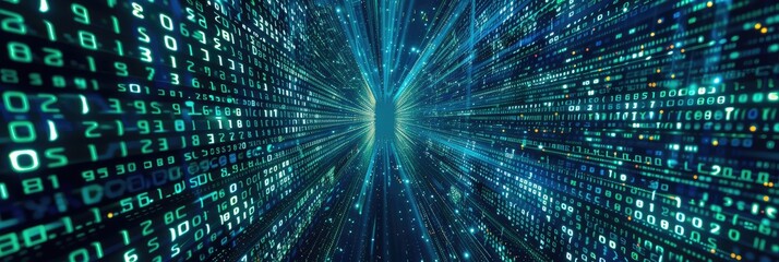 An abstract image presenting a close-up view of digital binary code data stream in dynamic blue hues.