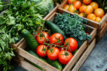 Fresh Vegetables and Greens in Rustic Wooden Boxes.
