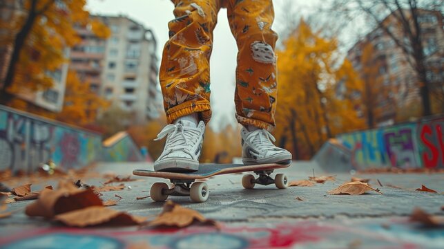 Low angle shot of a skateboarder riding on a skateboard in an urban environment.