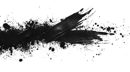 Abstract design featuring chaotic black paint splashes and brush strokes starkly isolated on white background, transparent